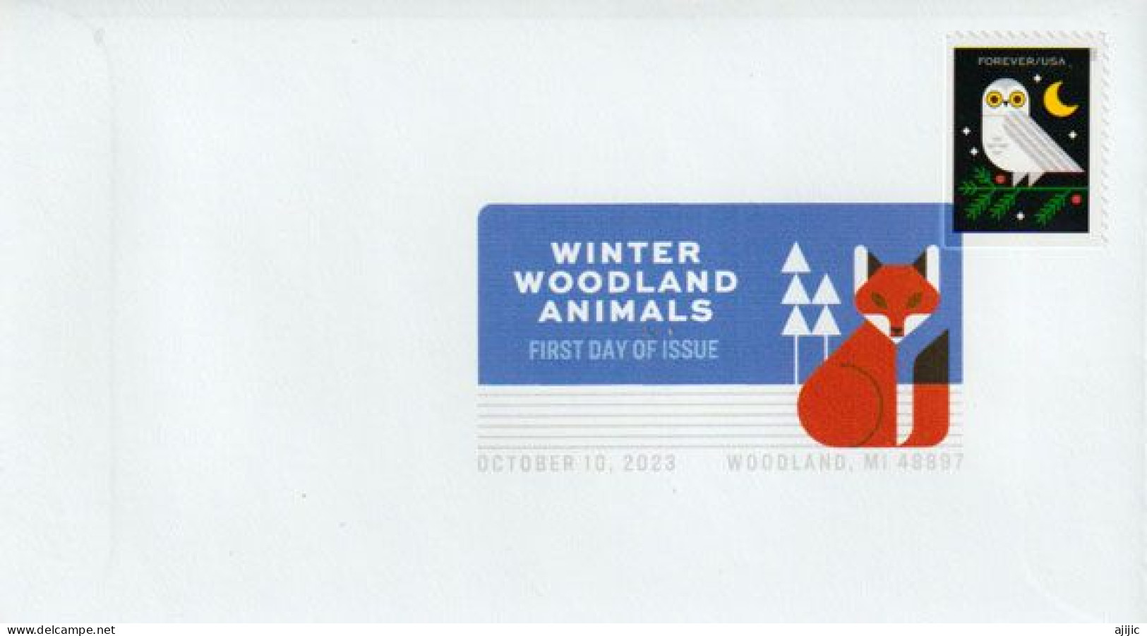 2023 . Winter Woodland Animals Adhesive Forever Stamp (Hibou & Renard) FDC Woodland, Michigan. - 2011-...