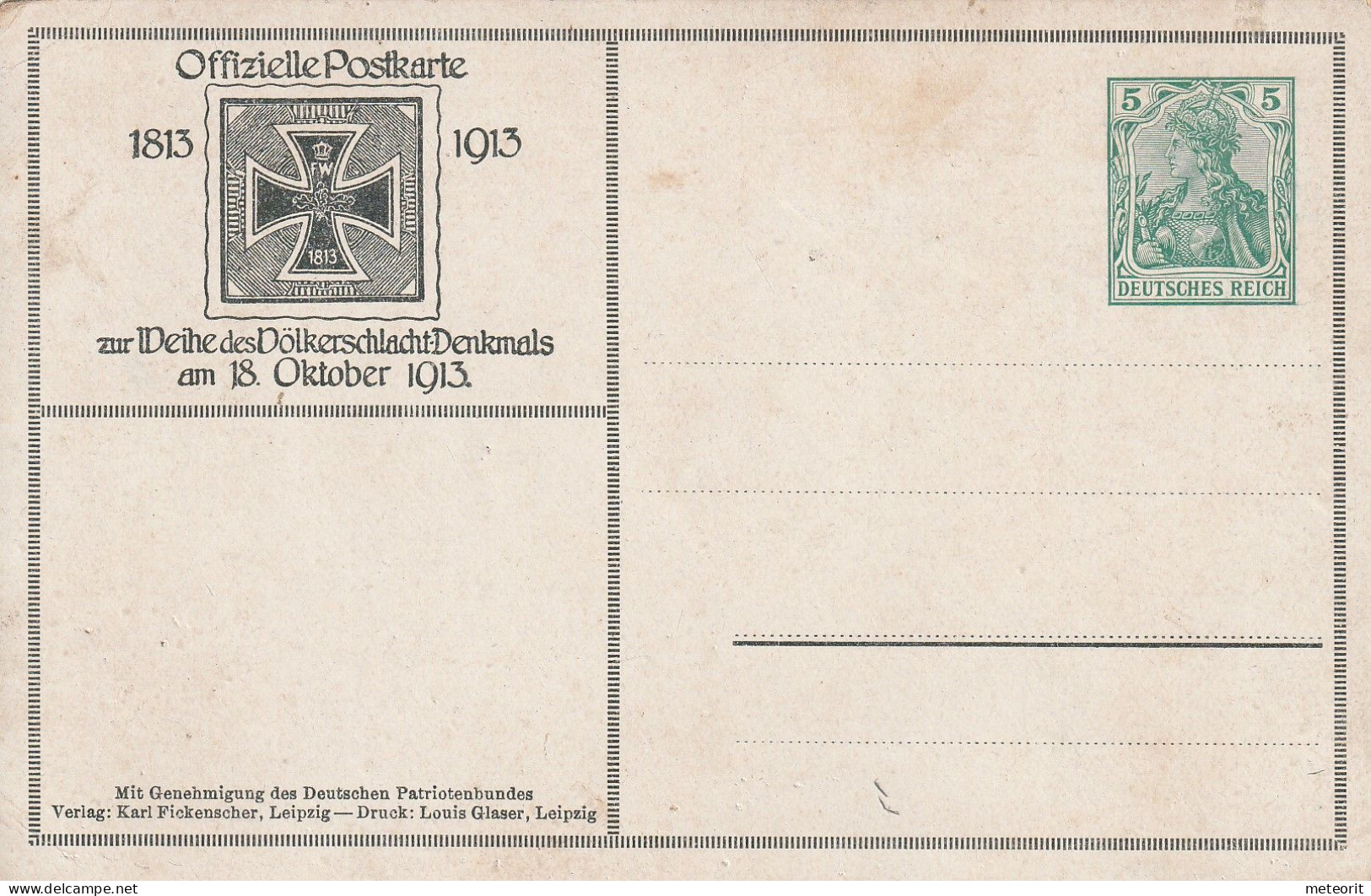 Privatpostkarte MiNr. PP 27 C 179 01, VÖLKERSCHLACHTDENKMAL, Ungebraucht, 5 Pf. Germania Grün - Otros & Sin Clasificación