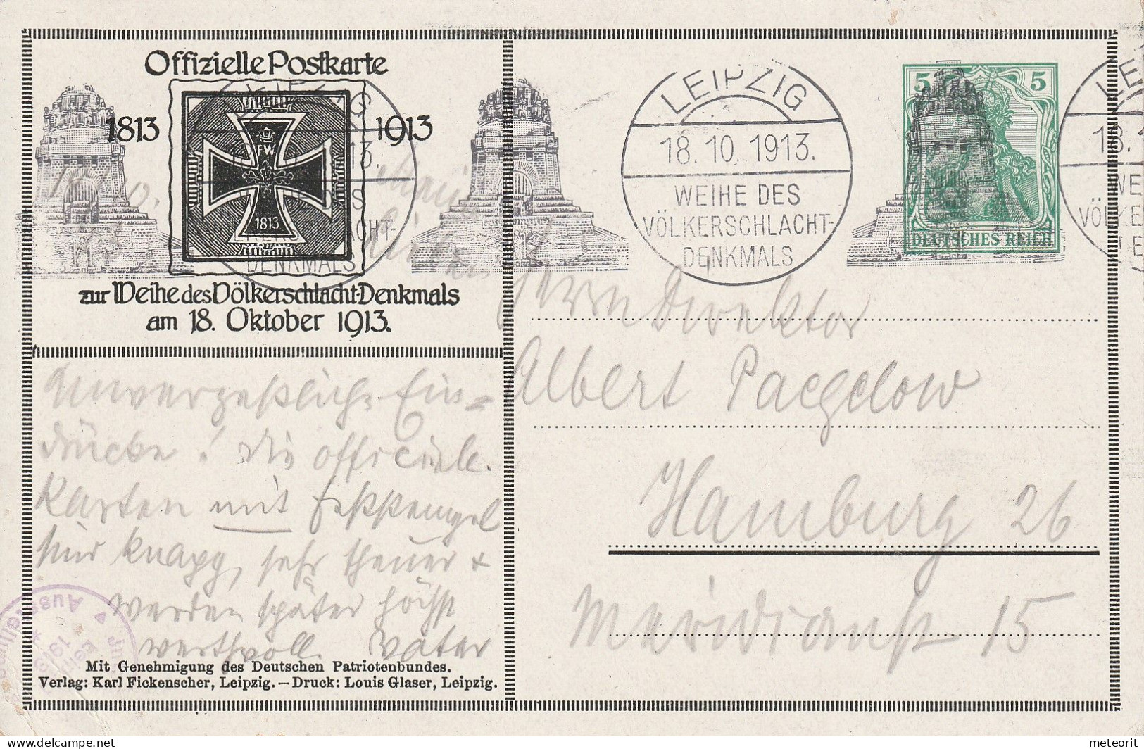 Privatpostkarte MiNr. PP 27 C 179 01, VÖLKERSCHLACHTDENKMAL, Gestempelt SST 18.10.1913, 5 Pf. Germania Grün - Autres & Non Classés