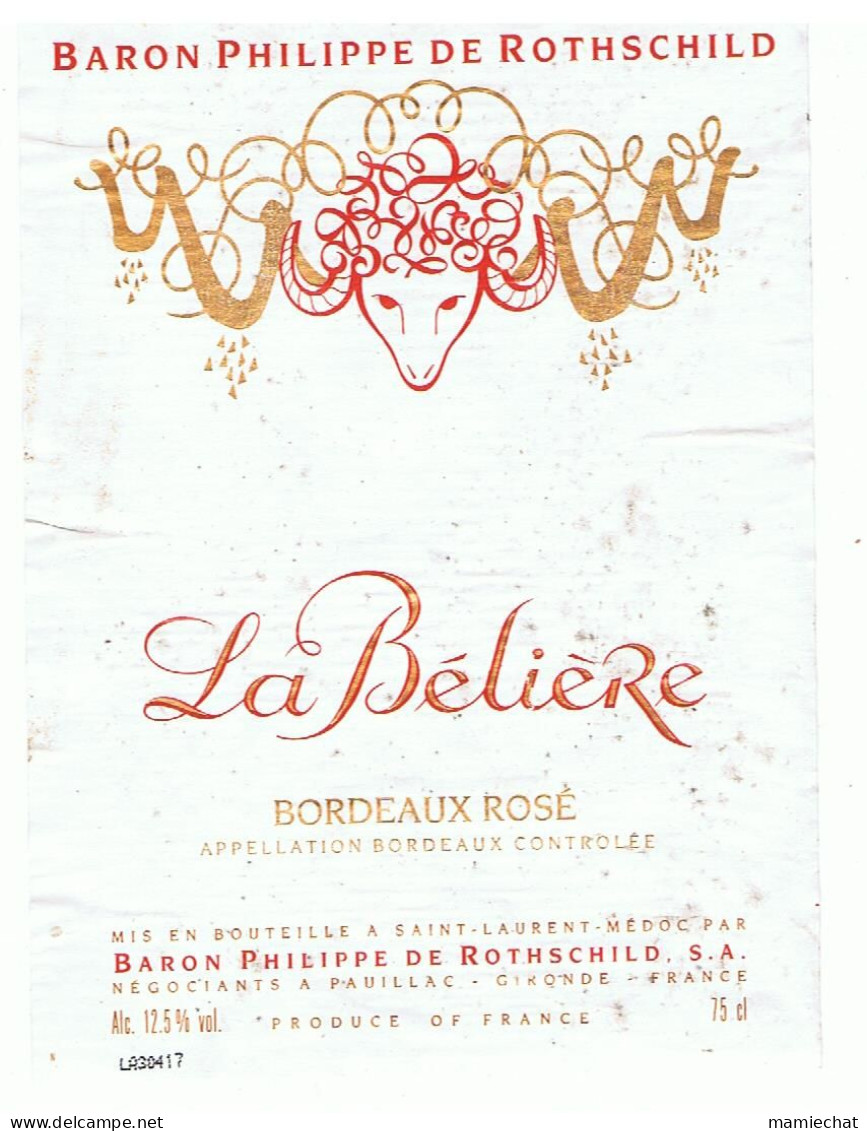 BARON PHILIPPE DE ROTHSCHILD-LA BELIERE-BORDEAUX ROSE- - Rosé (Schillerwein)