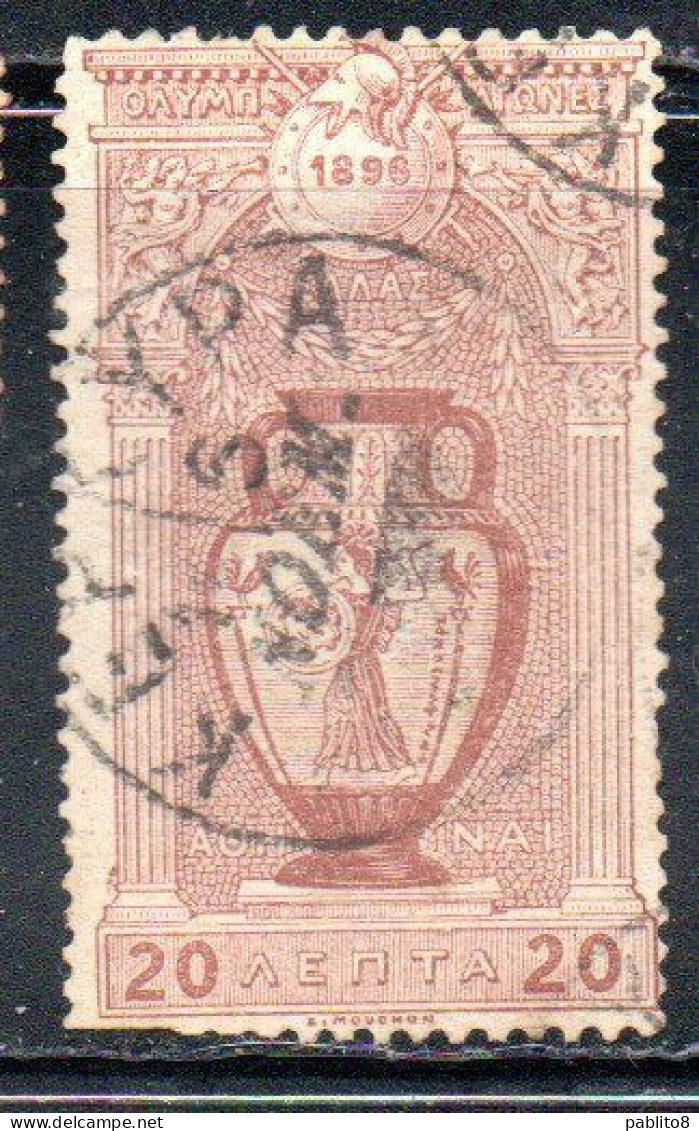 GREECE GRECIA HELLAS 1896 FIRST OLYMPIC GAMES MODERN ERA AT ATHENS VASE DEPICTING PALLAS ATHENE MINERVA 20l USED USATO - Used Stamps