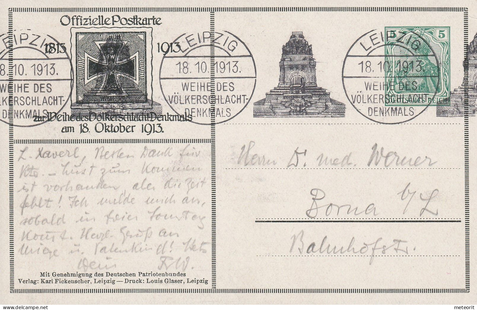 Privatpostkarte MiNr. PP 27 C 179 02, VÖLKERSCHLACHTDENKMAL, Gestempelt SST 18.10.1913, 5 Pf. Germania Grün - Other & Unclassified