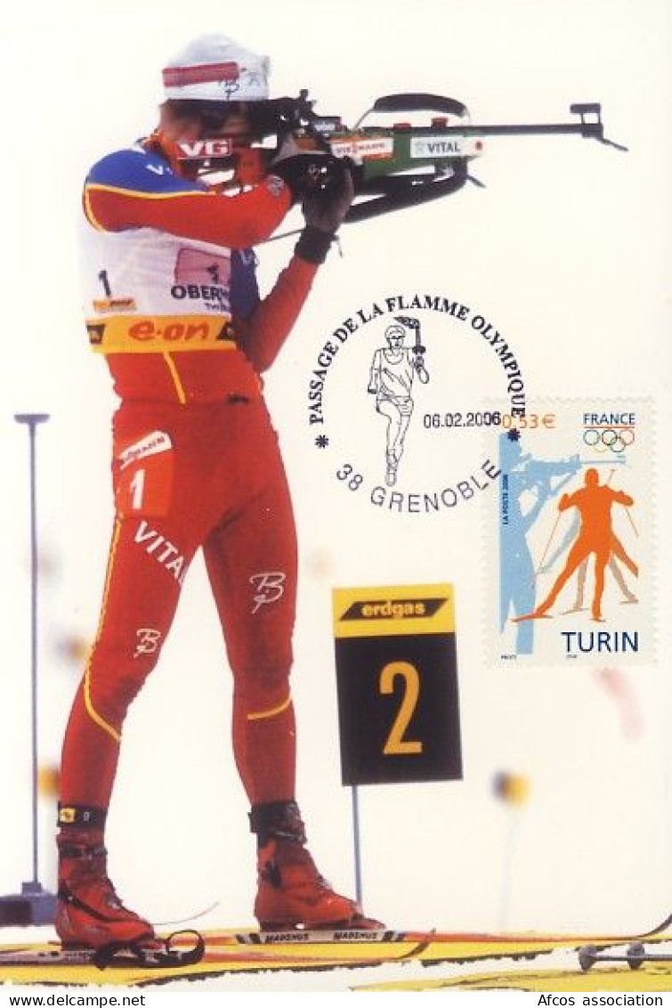 2006 Jeux Olympiques Turin Passage De La Flamme Olympique 06/02/2006 Grenoble Sur Carte Postale Biathlon - Winter 2006: Turin