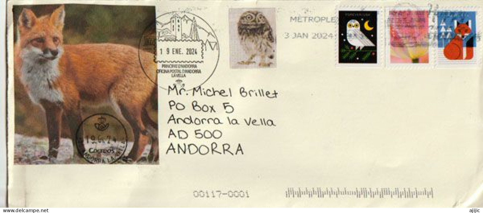 2024. Winter Woodland Animals, Letter From Michigan, To Andorra (Principality) With Arrival Postmark - Lettres & Documents