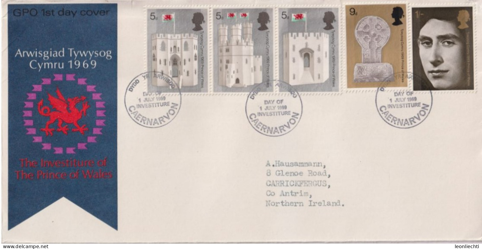 1969 Grossbritannien >FDC  Mi:GB 522-526, Sn:GB 595-599, Yt:GB 569-573, H.R.H. The Prince Of Wales, - 1952-1971 Pre-Decimal Issues