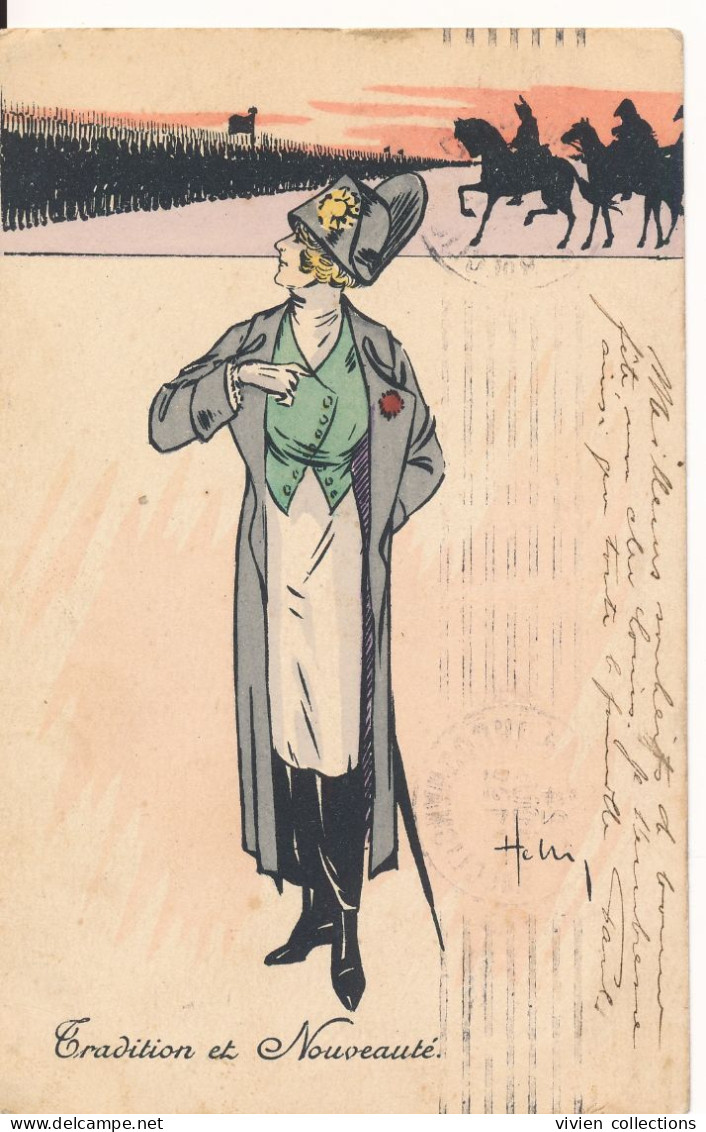 Carte Illustrateur Signé Helli Femme En Napoléon Tradition Et Nouveauté - Helli