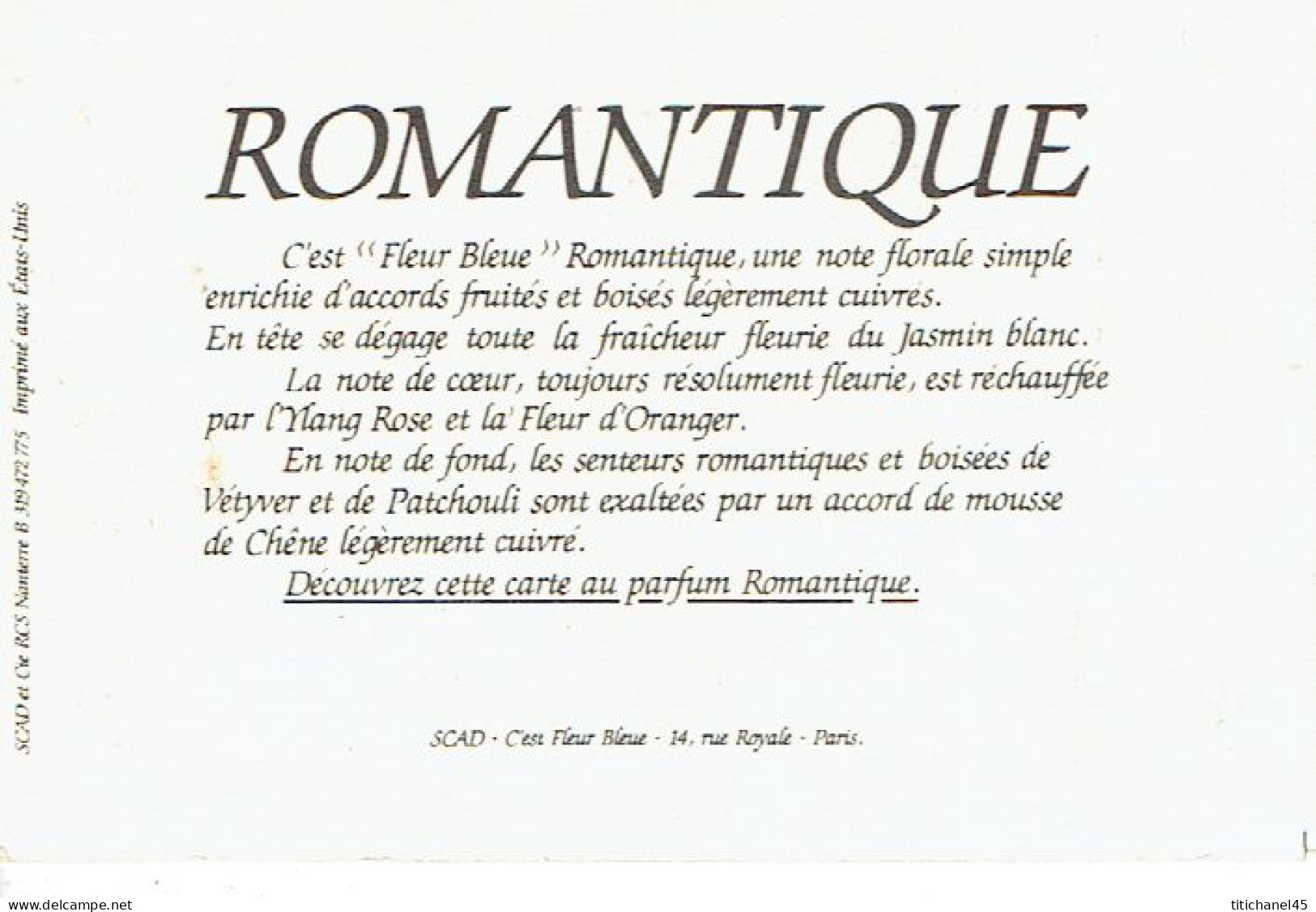 Carte Parfum ROMANTIQUE De C'EST FLEUR BLEUE - Profumeria Antica (fino Al 1960)