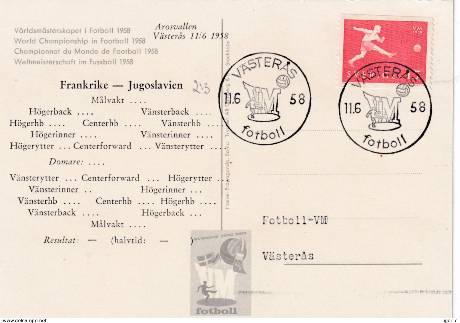 Sweden 1958 Card: Football Fussball Soccer Calcio; FIFA WC 1958 Sweden; France - Yugoslavia Match - 1958 – Svezia