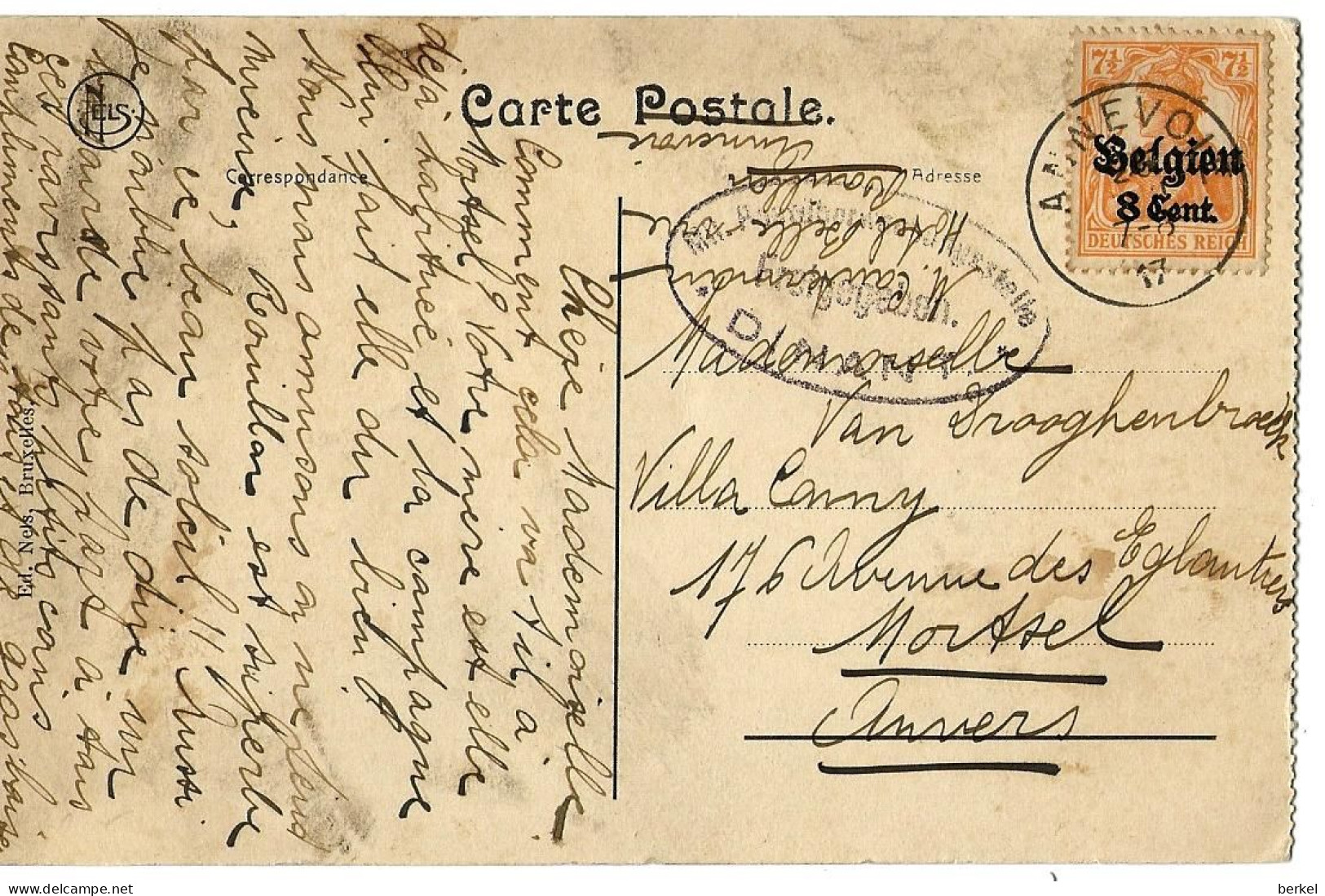 ROUILLON CACHETÉE ANNEVOIE 8 CENT FREIGEGEBEN  DINANT 1917 Vers Mortsel 064d1 - Armada Alemana