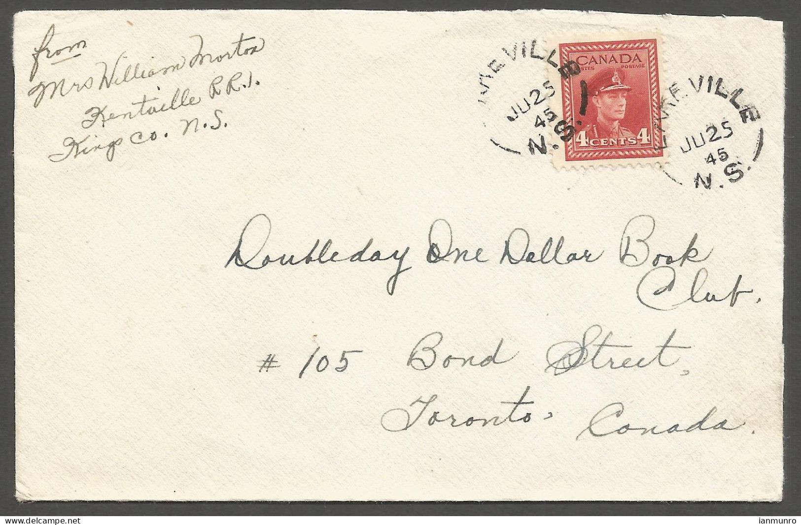 1945 Cover 4c War Split Ring Lakeville Nova Scotia - Postgeschiedenis