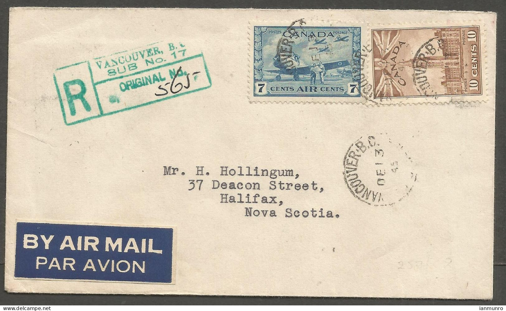 1945 Registered Cover 17c War/Airmail CDS Vancouver Sub No 17 BC To Halifax Nova Scotia - Postal History