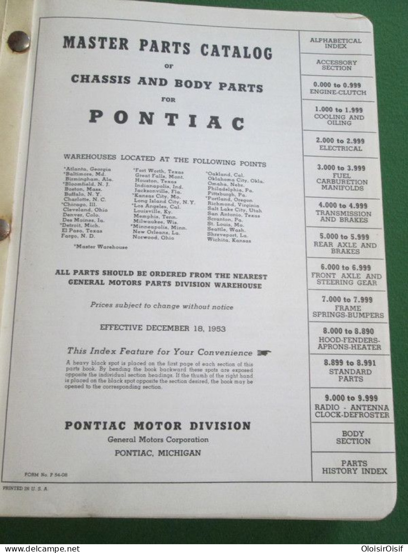 Master Parts Catalog - Livre D'atelier - Pontiac 1954 - Verkehr