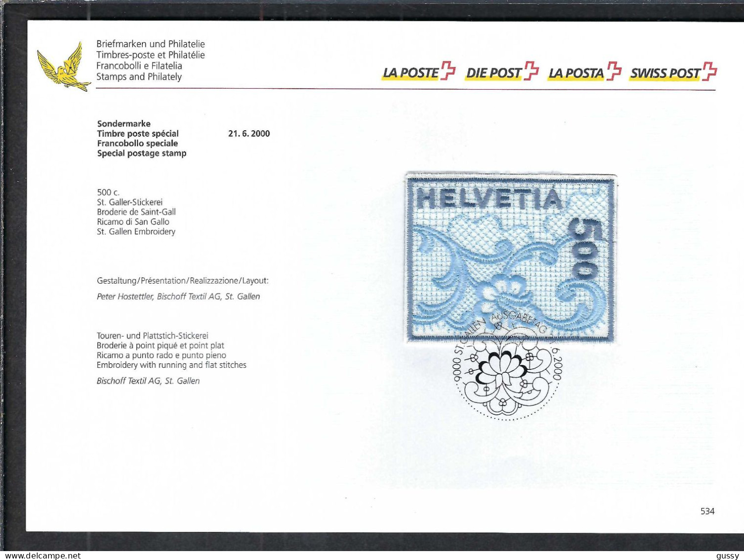 SUISSE 2000: Encart FDC Du ZNr. 998 ("NABA 2000"), 1er Timbre Tri-dimensionnel En Broderie De St Gall Véritable - Covers & Documents