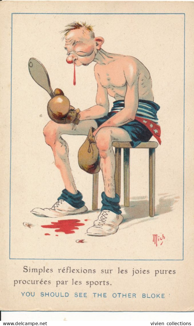 Carte Illustrateur Signé Mich Humour Le Boxeur Simples Réflexions Sur Les Joies Pures Procurées Par Les Sports - Mich