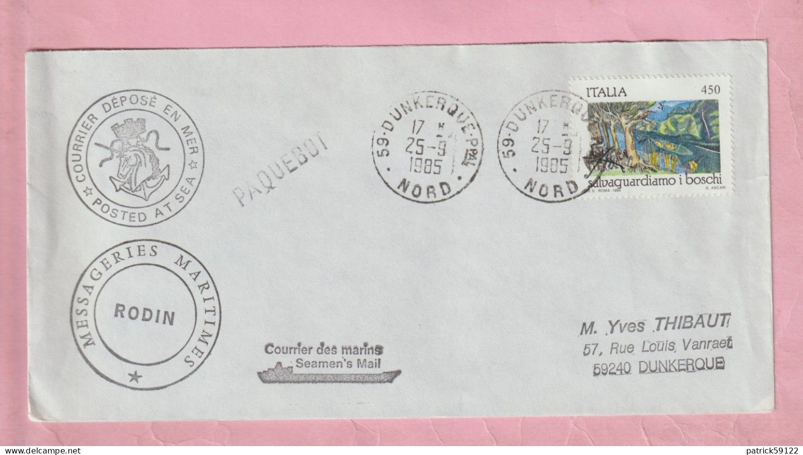 ENVELOPPE POSTED AT SEA  - MESSAGERIES MARITIMES :  RODIN  /  ITALIE - ITALIA 1985 - Verzamelingen