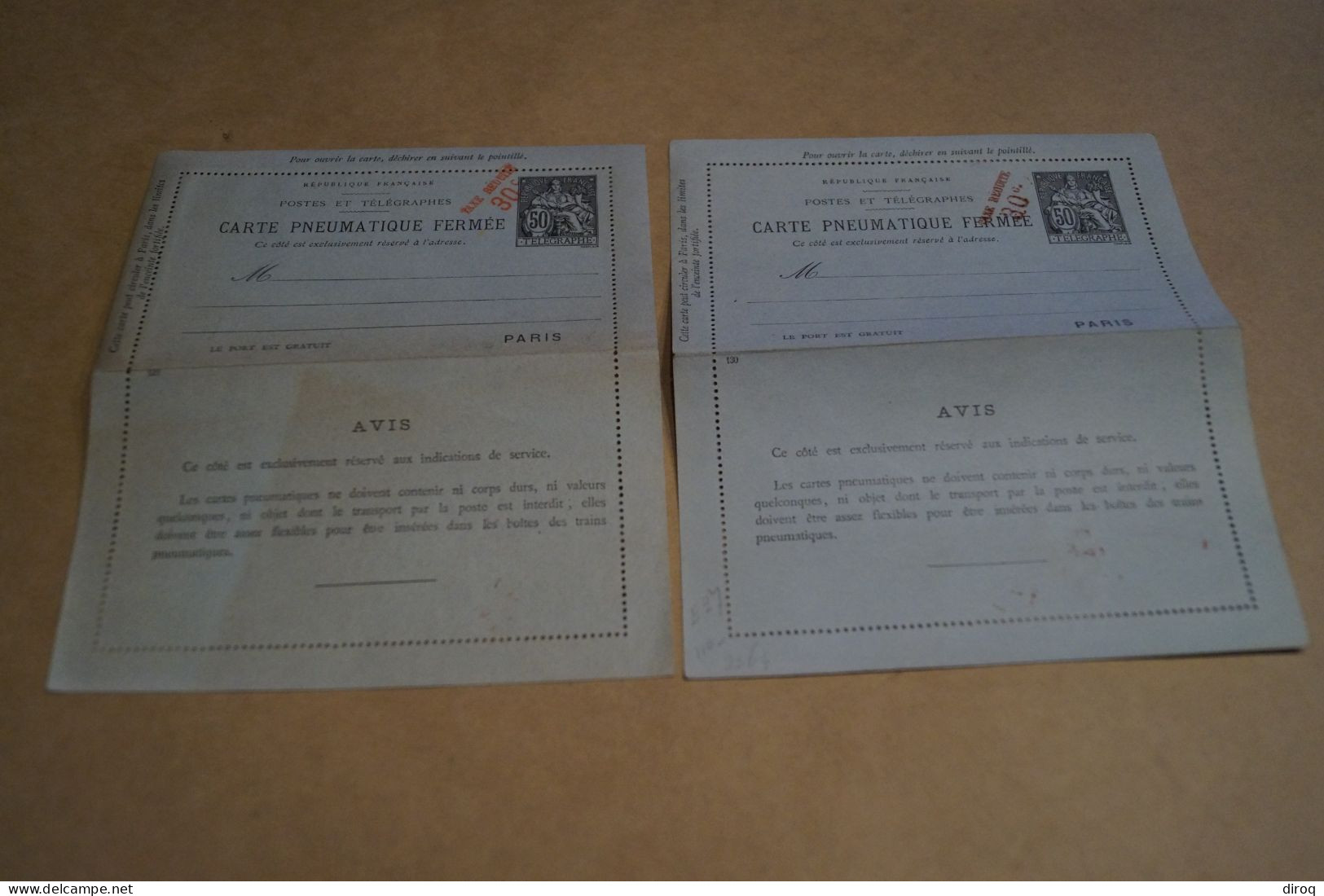 2 Carte Pneumatique + Surcharge,Taxe Réduite,très Bel état De Collection - 1859-1959 Mint/hinged