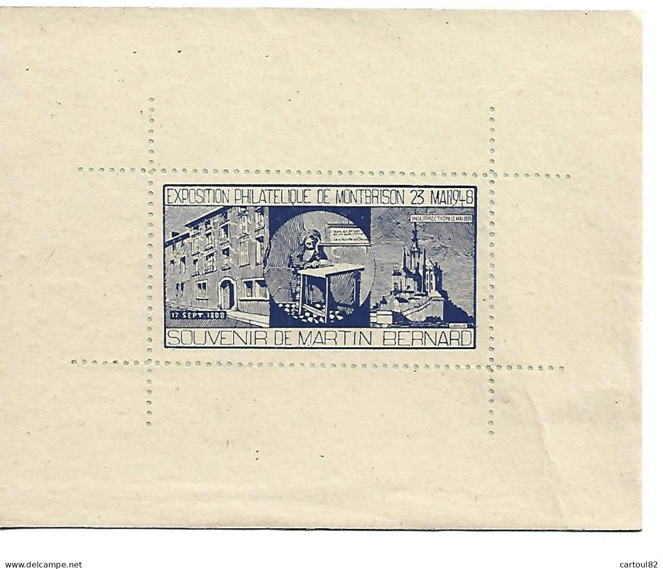 1 A 5A  Vignette Expo Philatélique De Montbrison 23 Mai 1948 Souvenir De Martin Bernard Collée Sur Carton - Briefmarkenmessen