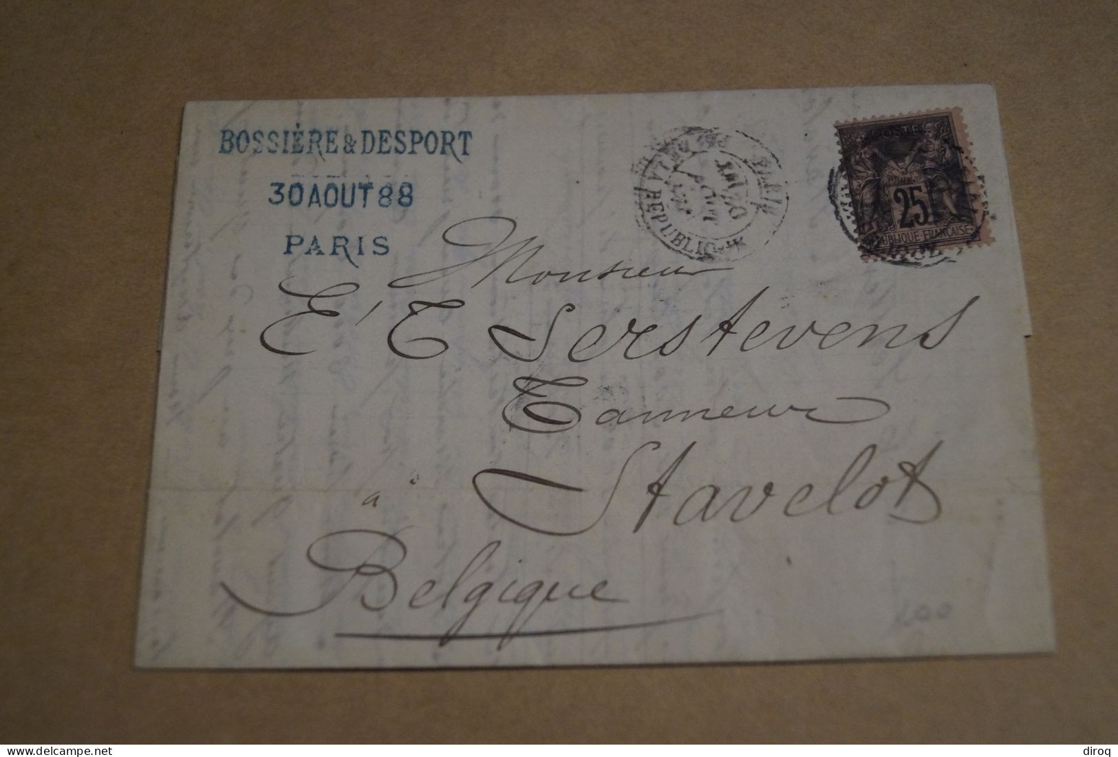 Envoi De 1888,Paris Vers Stavelot,Bossière Et Desport,daté Du 30/08/1888,en Bel état Pour Collection - 1876-1898 Sage (Type II)