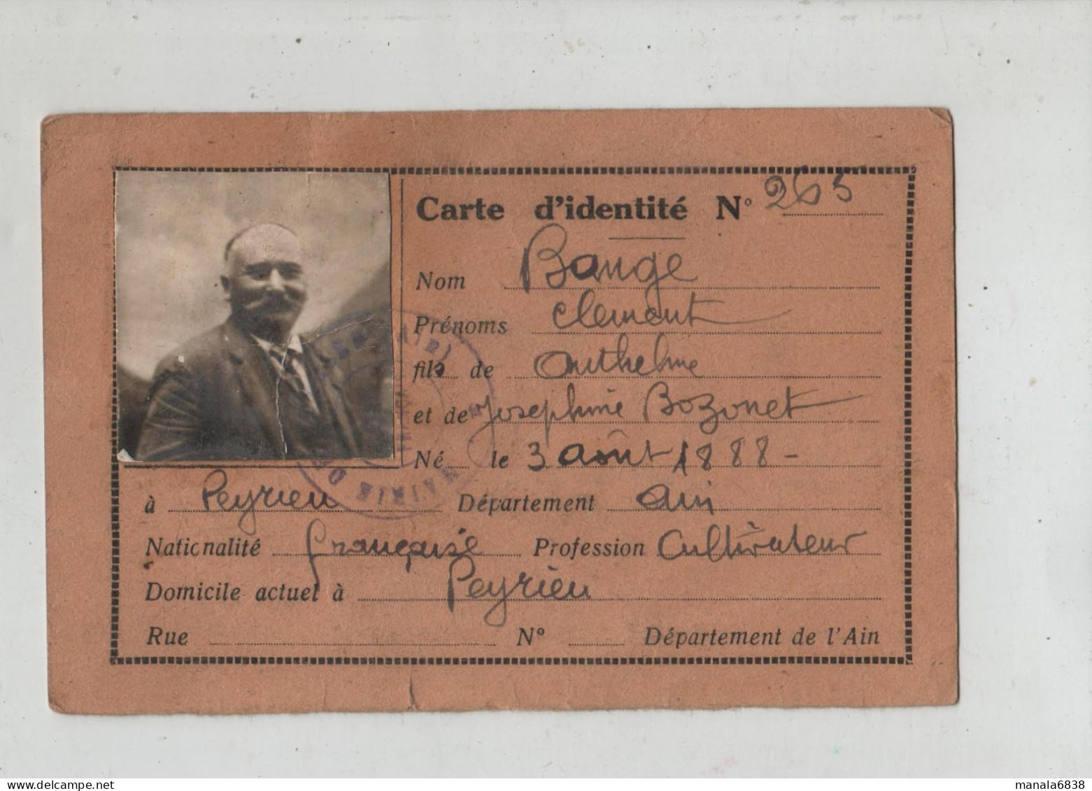 Carte D'identité Bange Peyrieu Avec Photo  Et Détails Au Verso - Zonder Classificatie