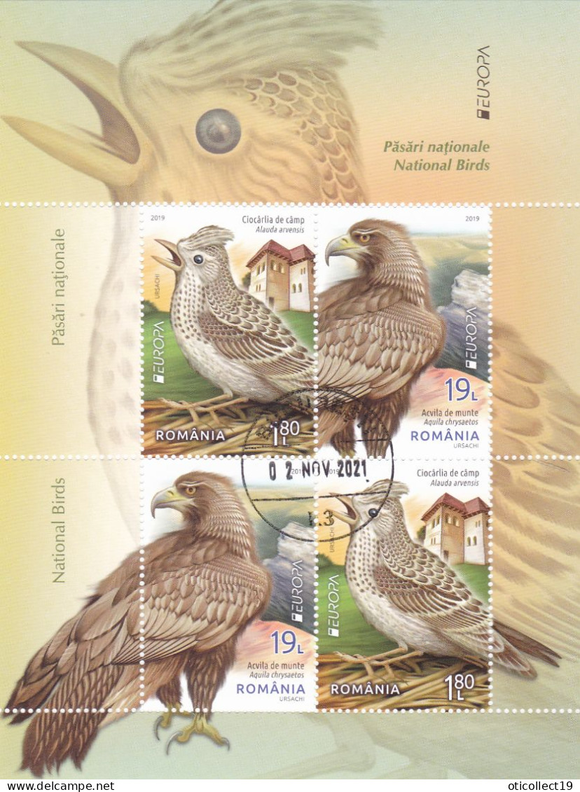 BIRDS OWLS RAPTOR,EURPOPA CEPT 2019,BLOCK USED, ROMANIA - Used Stamps