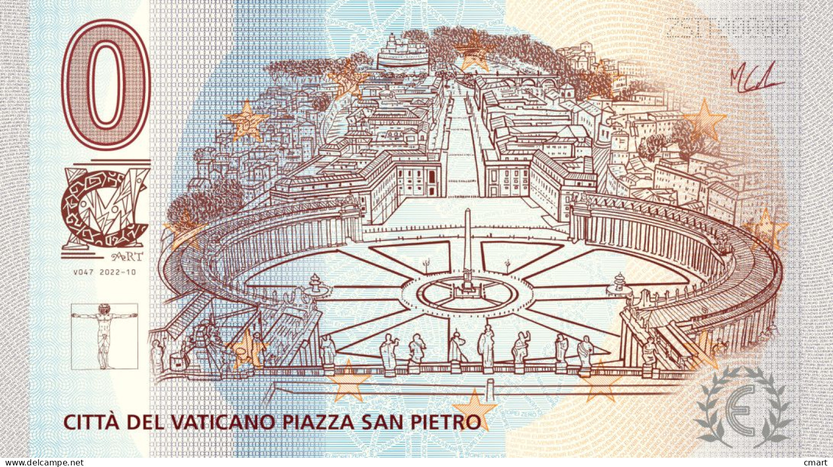 Banconota Zero Euro Souvenir  "CMART" Ricordo Della Città Del Vaticano Veduta Piazza San Pietro - Autres - Europe
