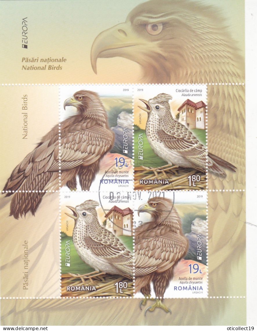 BIRDS OWLS RAPTOR,EURPOPA CEPT 2019,BLOCK USED,MODEL II,ROMANIA - Gebruikt