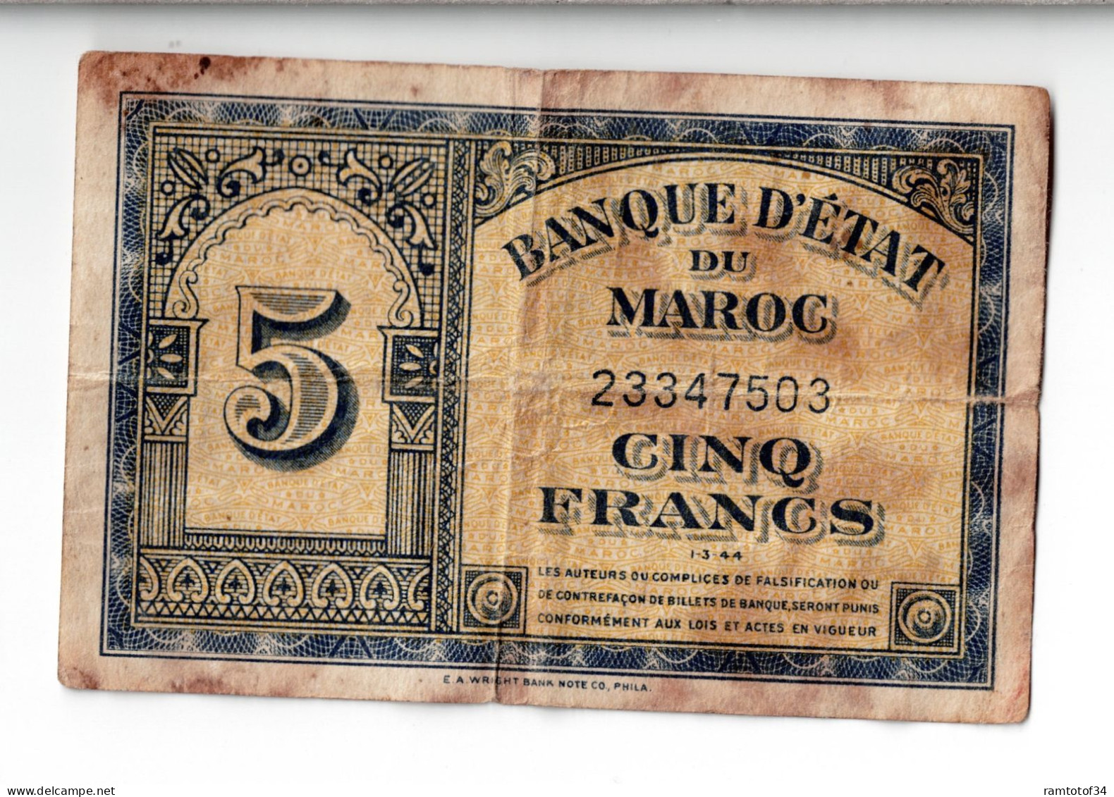 MAROC - 5 Francs 1944 - Marokko