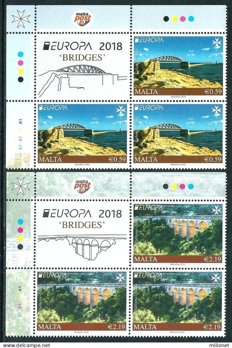 SALE!!! MALTA 2018 EUROPA CEPT BRIDGES 2 Blocks Of 3 Stamps + 1 Vignette MNH ** - 2018