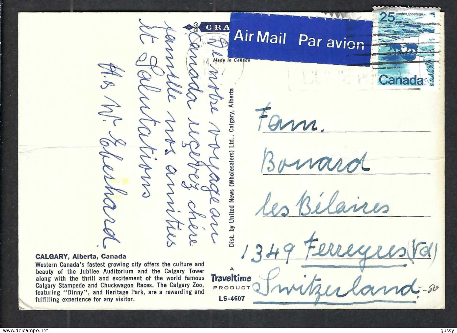 CANADA Ca.1977: CP P.A. De CALGARY Pour FERREYRES (VD, Suisse) - Brieven En Documenten