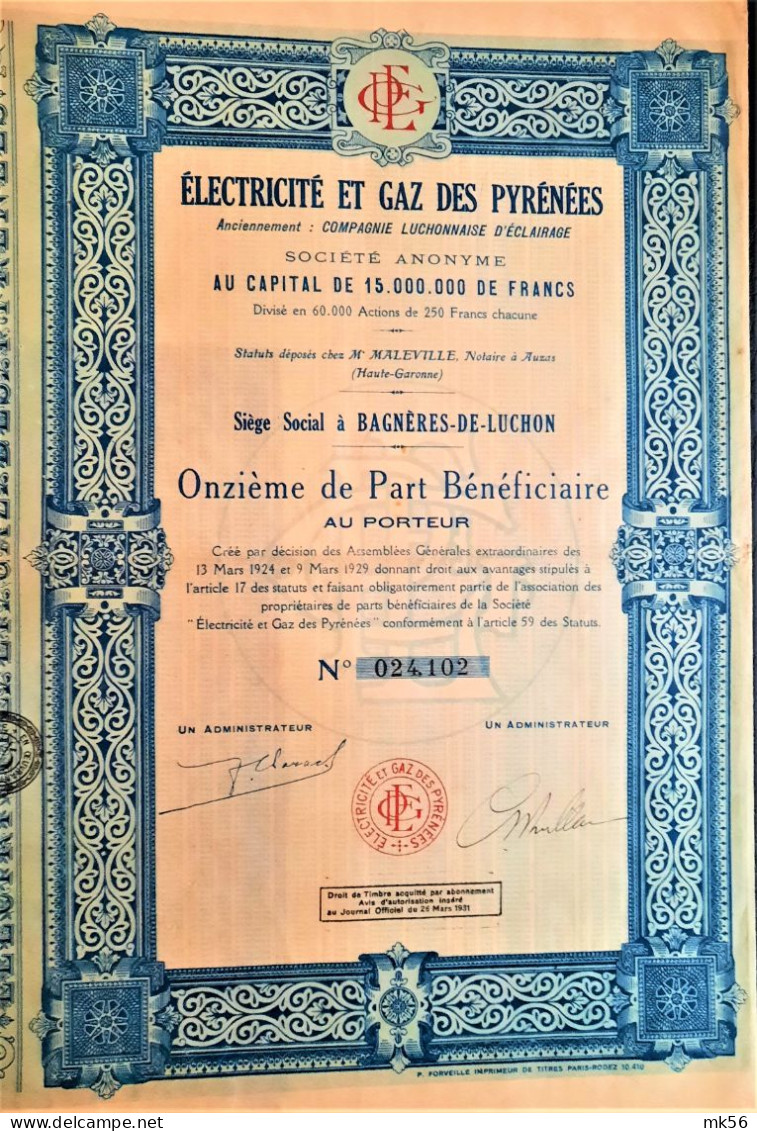 S.A. Electricité Et Gaz De Pyrénées  1/11 De Part Bénéficiaire (1929) - Bagnères- De- Luchon - Electricité & Gaz