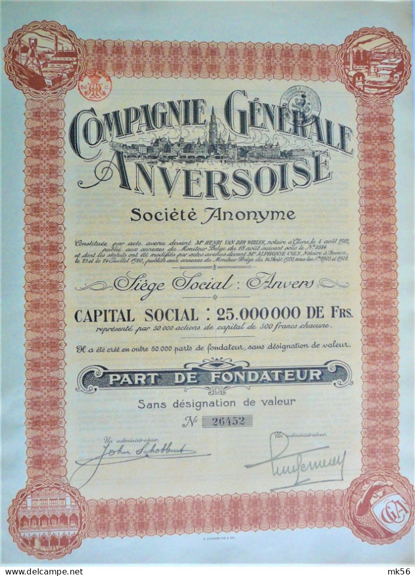 S.A.Cie Générale Anversoise - Part De Fondateur (1912) - Anvers - Navigation