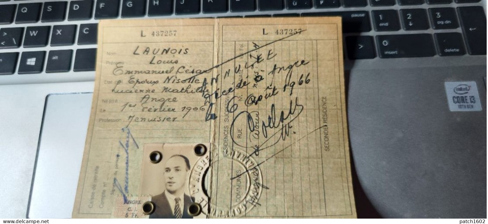 ANGRE Carte Identité LAUNOIS LOUIS NÉ A  ANGRE 1 FEVRIER 1906  MENUISIER - Généalogie