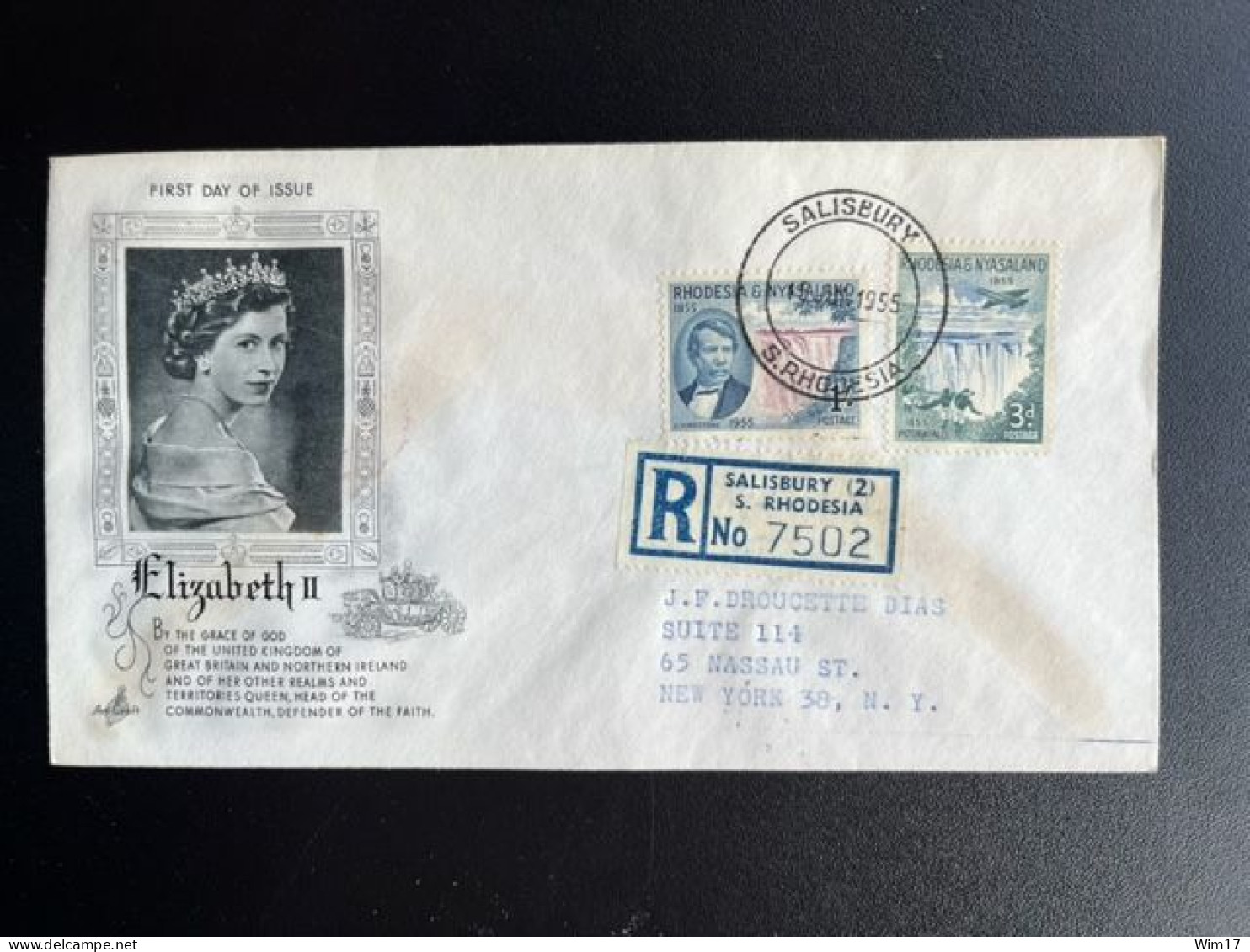 RHODESIA & NYASALAND 1955 REGISTERED FDC VICTORIA FALLS SALISBURY TO NEW YORK 15-06-1955 - Rhodesia & Nyasaland (1954-1963)