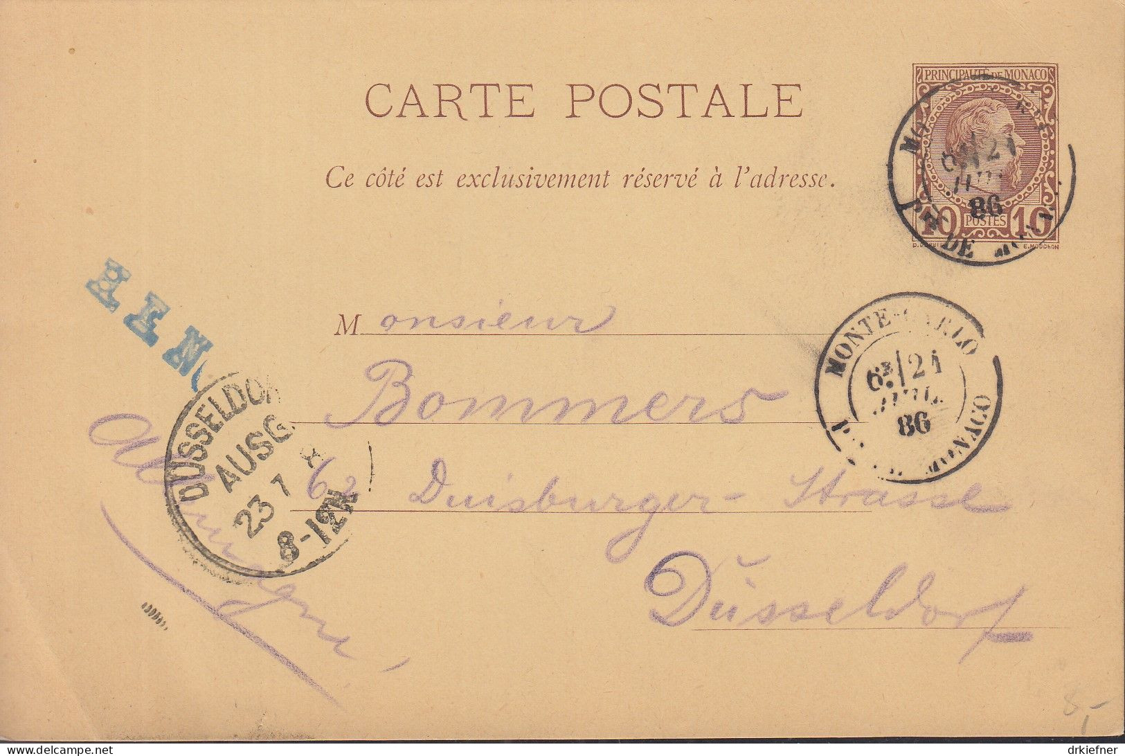 MONACO P 1, Gestempelt; 21.JUL 1886, Fürst Charles III., 1886 - Entiers Postaux