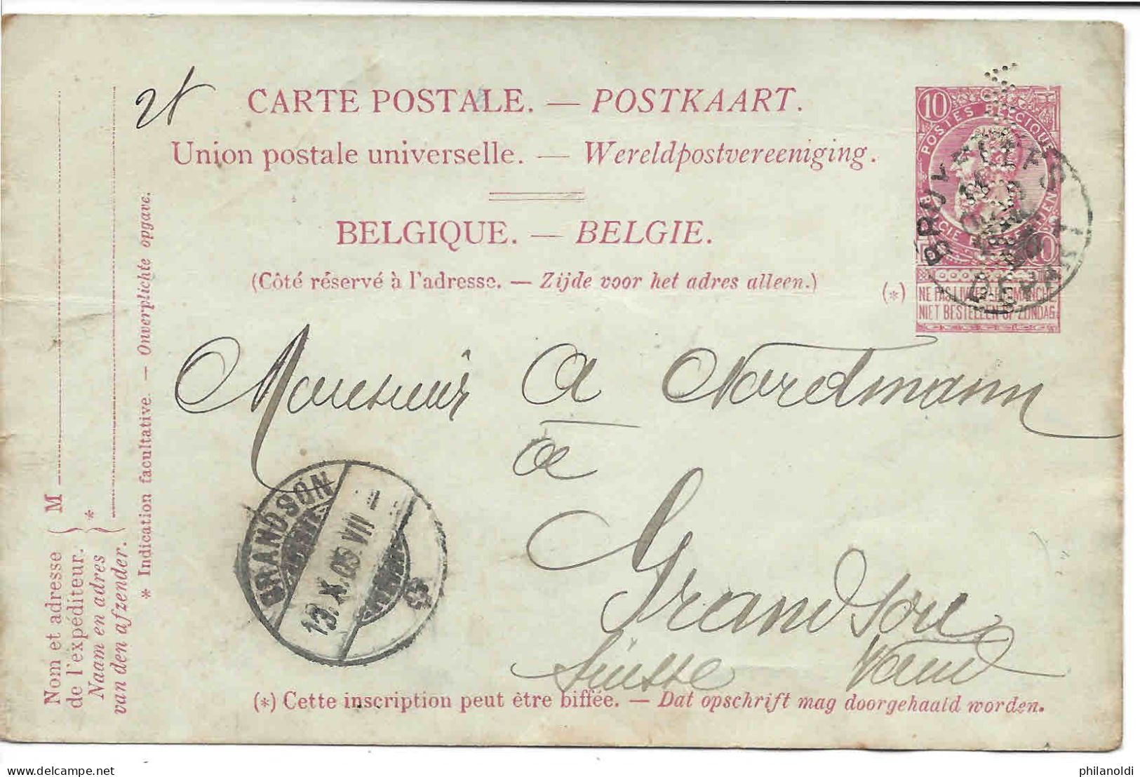 Entier Postal Fine Barbe. Bruxelles Perforé Perfin WAUQUEZ Pour La Suisse Firmaperforatie. Carte Postale - 1863-09