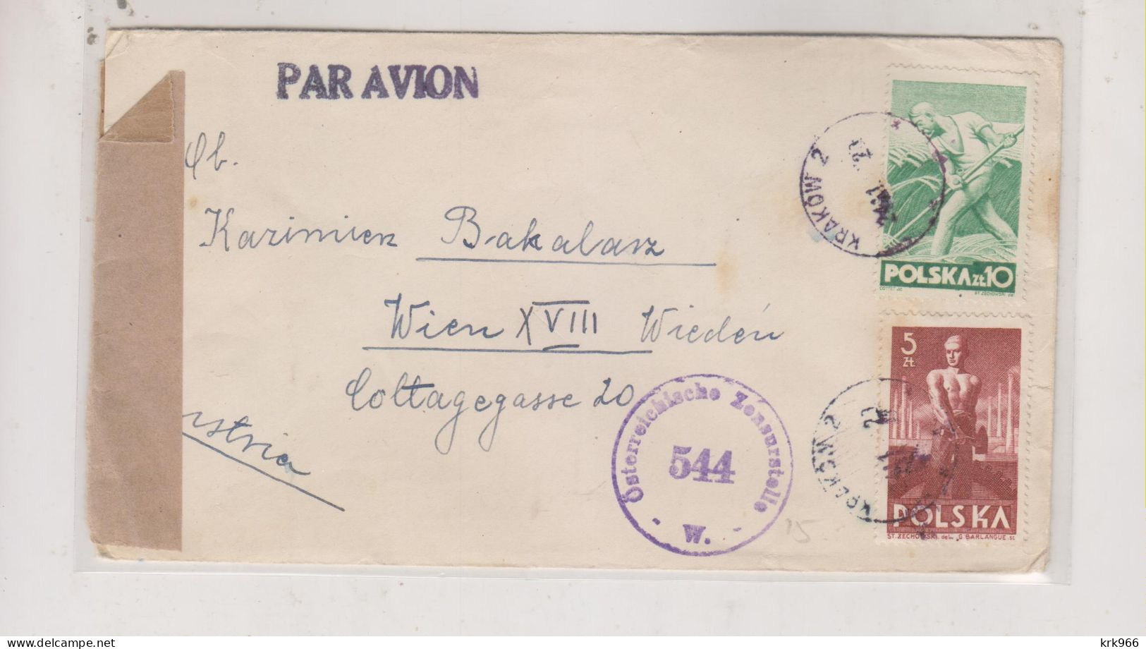 POLAND 1952  KRAKOW Censored Airmail Cover To Austria - Covers & Documents