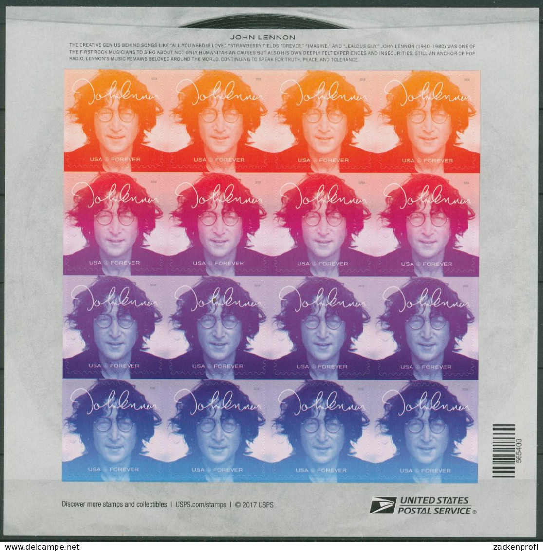 USA 2018 John Lennon Forever 5532/35 Folienbogen Postfrisch (SG40313) - Ganze Bögen