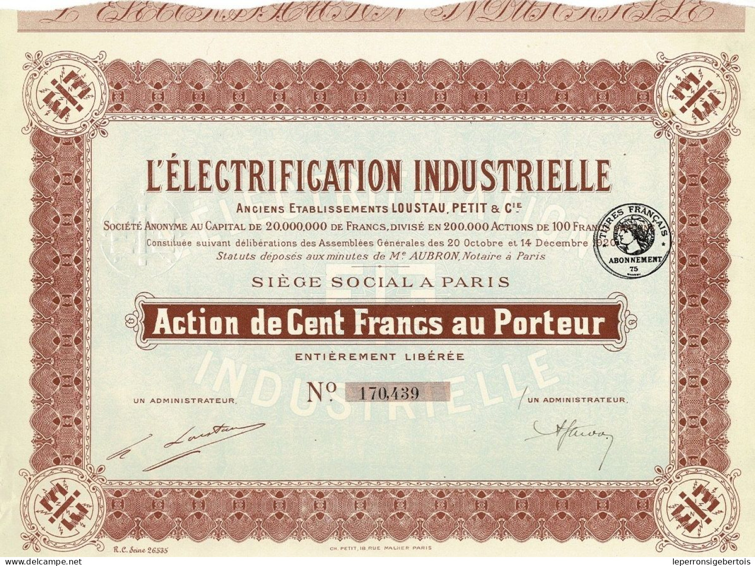 Titre De 1920 - L'Electrification Industrielle - Anciens Ets Lousteau, Petit & Cie  - - Elettricità & Gas