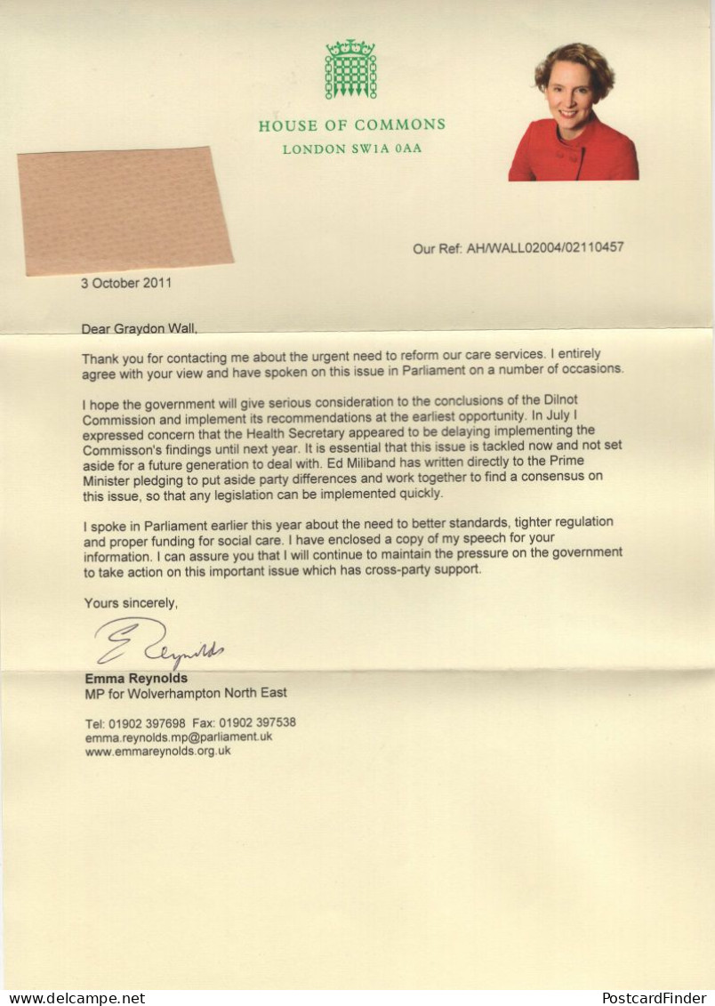 Emma Reynolds Wolverhampton Labour MP Hand Signed HOC Letter - Politisch Und Militärisch