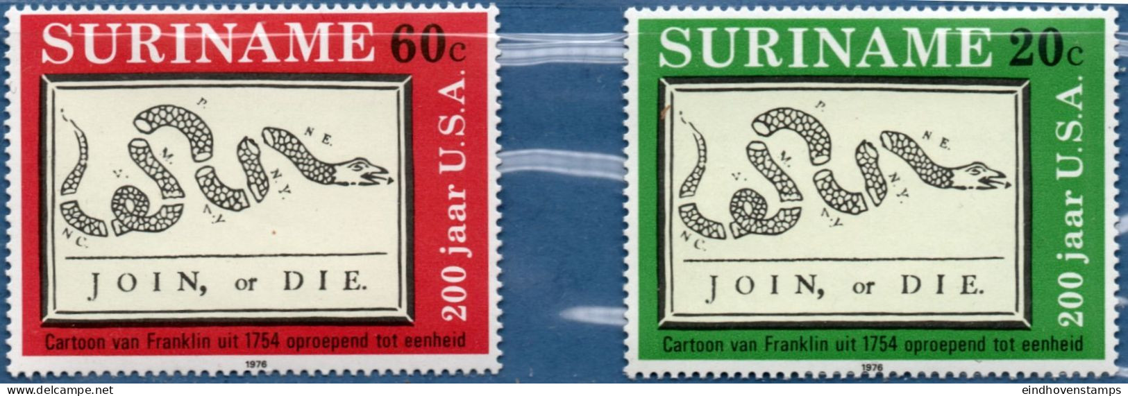 Suriname 1976 American Independance 2 Values MNH Join Or Die, Snake, Unity, Franklin Cartoon - Indépendance USA