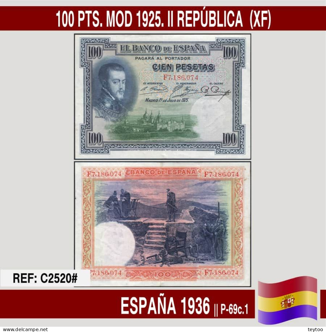 C2520# España 1936. 100 Pts. Mod. 1925. II República (XF) P-69c.1 - 100 Pesetas