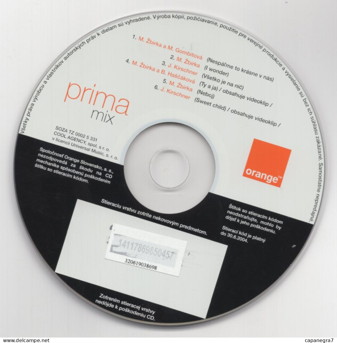 Prima Selection, Prima Mix 490 Sk, Polycarbonate Plastic CD, GSM Refill, Orange Slovakia, Validity 30.06.2004, Slovakia - Slovaquie