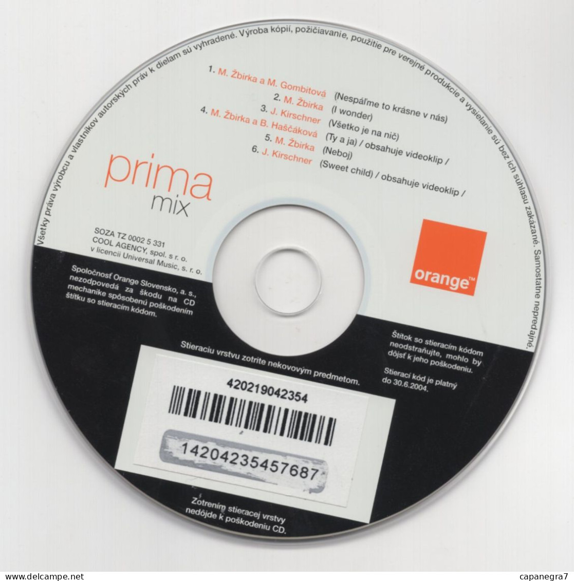 Prima Selection, Prima Mix 690 Sk, Polycarbonate Plastic CD, GSM Refill, Orange Slovakia, Validity 30.06.2004, Slovakia - Slovacchia