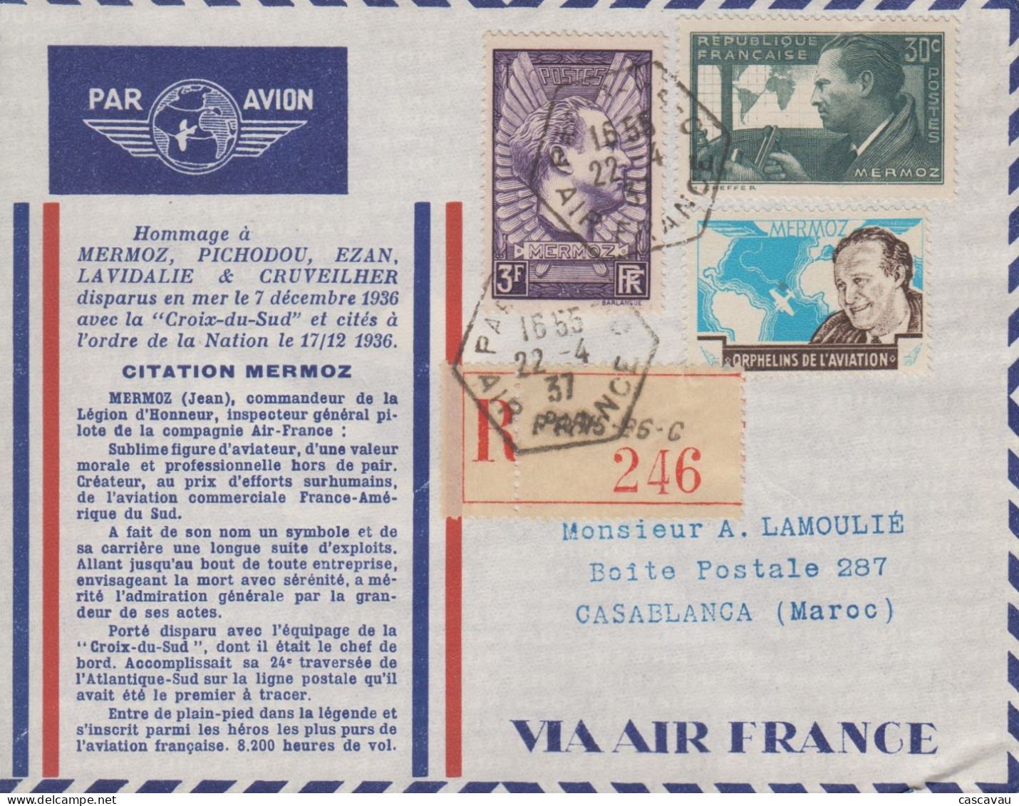 Enveloppe  Recommandée   FDC  1er  Jour   FRANCE   JEAN  MERMOZ    Vol   Pour  CASABLANCA   1937 - ....-1949