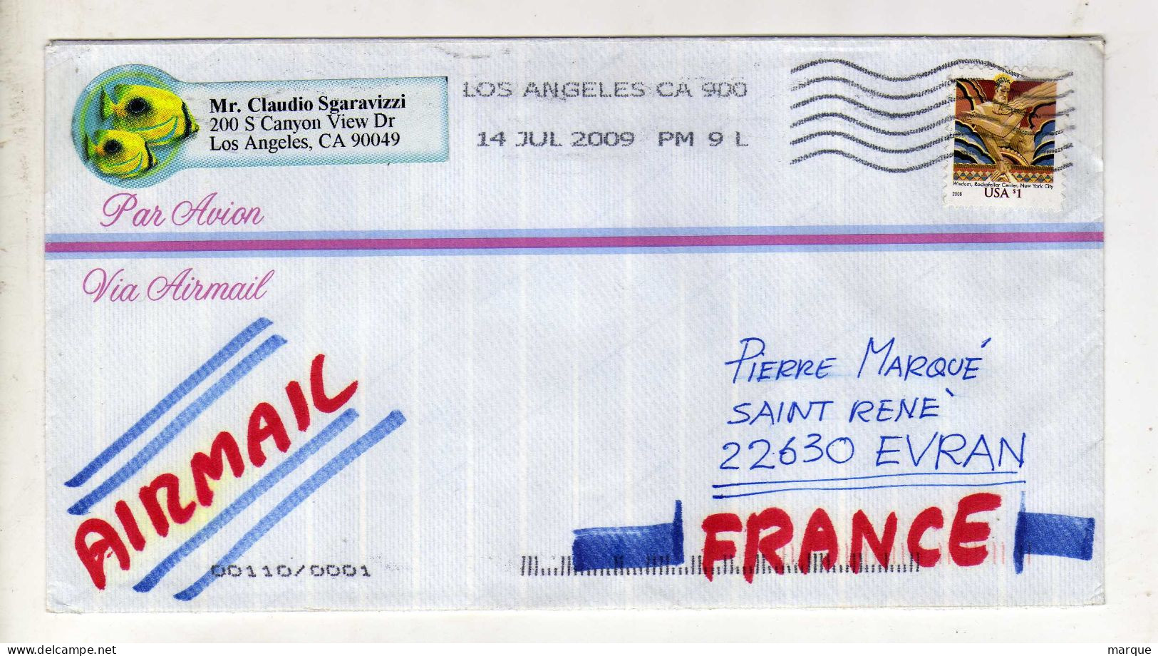 Enveloppe AMERIQUE U.S.A. Oblitération LOS ANGELES CA 9D0 14/07/2009 - Poststempel