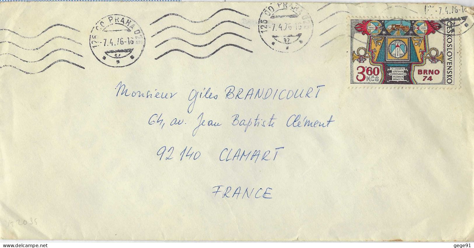 YT 2035 - Exposition Philtélique De Brno 74 - Lettre De Prague Pour La France - Briefe U. Dokumente