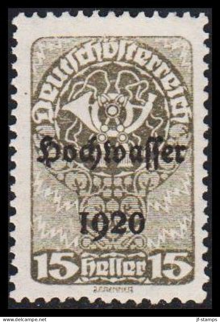 1921. ÖSTERREICH. Hochwasser 1920 Overprint On 15 Heller Hinged. (Michel 342) - JF541498 - Ungebraucht