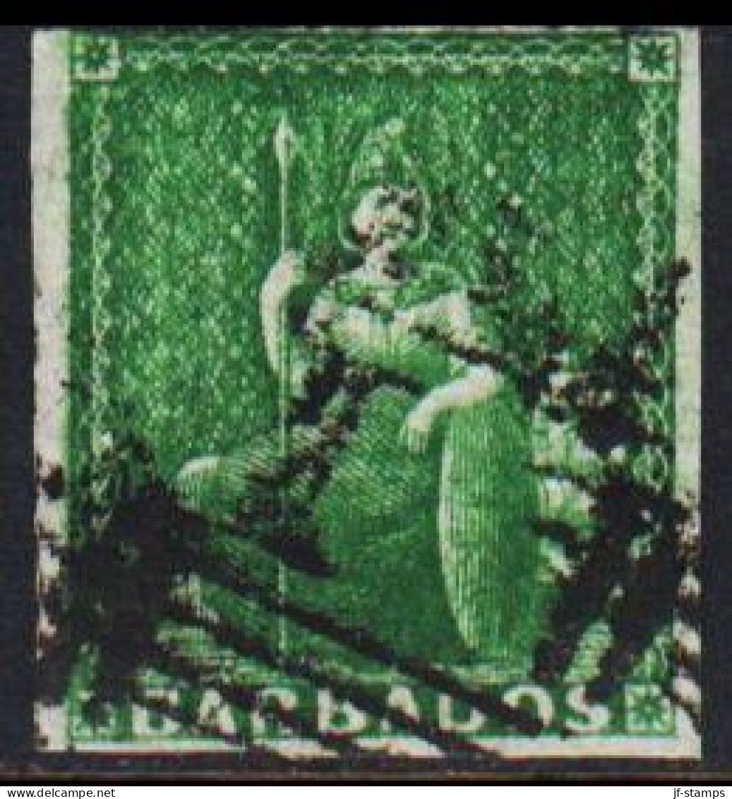 1852. BARBADOS. Britannia. Green (1 P).  Bluish Paper. Rare Stamp.  (MICHEL 1x) - JF541576 - Barbados (...-1966)