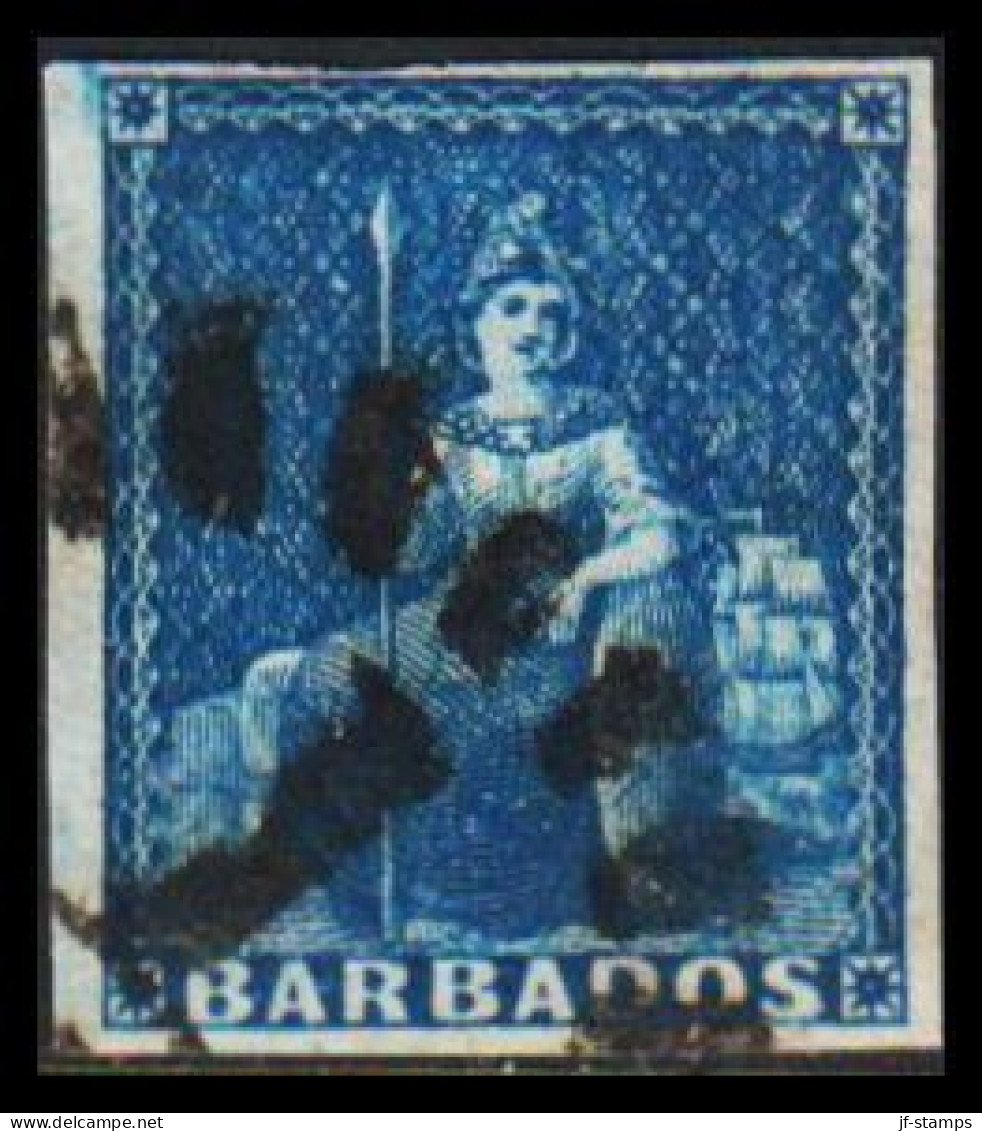 1855. BARBADOS. Britannia. Blue (1 P).  White Paper. Fine Margins. (MICHEL 2y) - JF541577 - Barbados (...-1966)