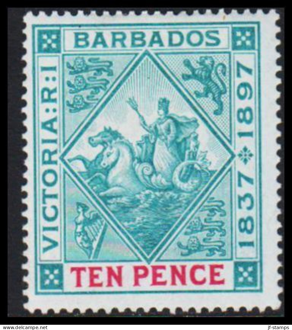 1897-1898. BARBADOS. Victoria 1837 - 1897 Jubilee. TEN PENCE On Bluish Paper Light Hinged.  (MICHEL 60y) - JF541581 - Barbados (...-1966)